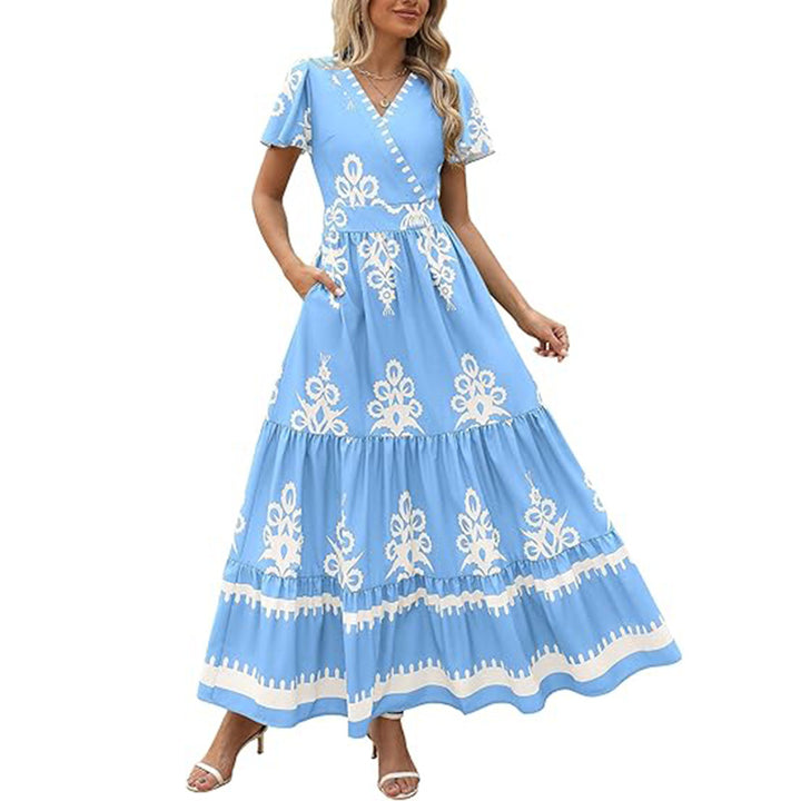 Womens Summer Casual V Neck Boho Maxi Dress Flowy Aline Bell Sleeve Tiered Floral Dresses With Pocket - ZEYTONCART