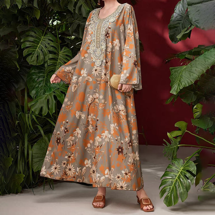 Women's Elegant Plus Size Floral Print Maxi Dress - Middle Eastern Bohemian Style Embroidery Long Dress - ZEYTONCART