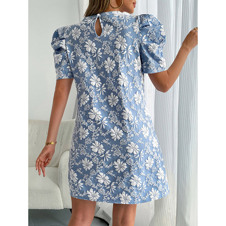 Women's Summer Mini Dress Short Sleeve Floral Jacquard Puff Sleeve Crew Neck Dress - ZEYTONCART
