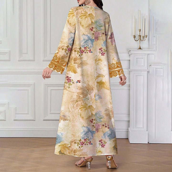 Women's Chic Bohemian Floral V-Neck Maxi Dress, Elegant Golden Long Sleeve Loose Fit Casual Dress - ZEYTONCART