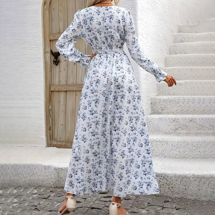 Women's V-Neck Floral Print Long Sleeve Maxi Dress - A-Line Hem With Lace Cuff Details, Elegant Bodycon Dress For Spring&Summer - ZEYTONCART