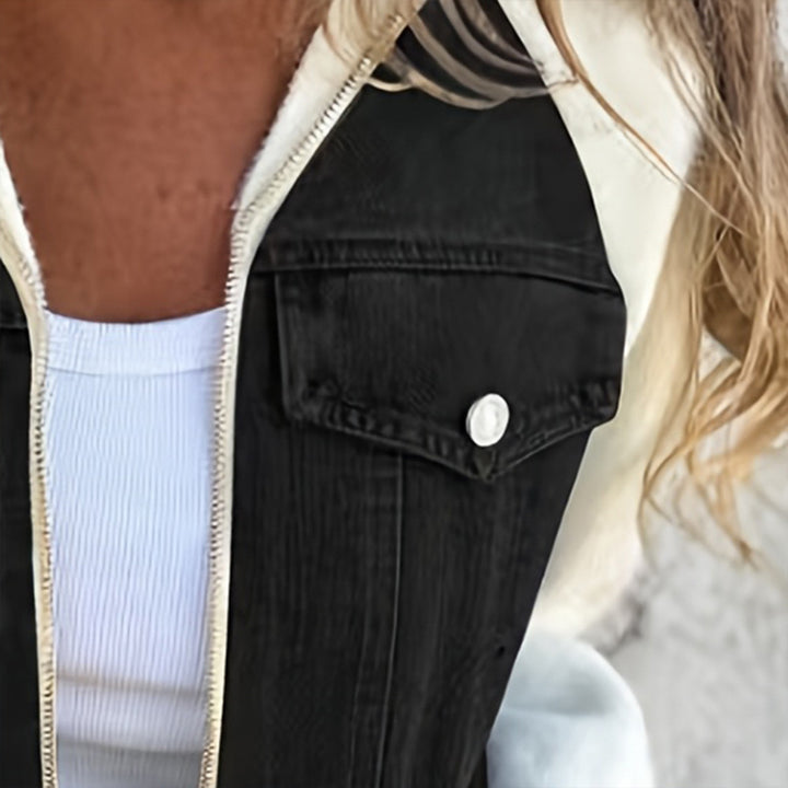 Women's Denim Patchwork Zip-Up Jacket Stand Collar Casual Coat With Button-Decorated Flap Pockets Fall Winter Fashion Outerwear - ZEYTONCART