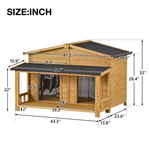 Large Wooden Dog House Outdoor Hut Style With Porch, 2 Doors - ZEYTONCART