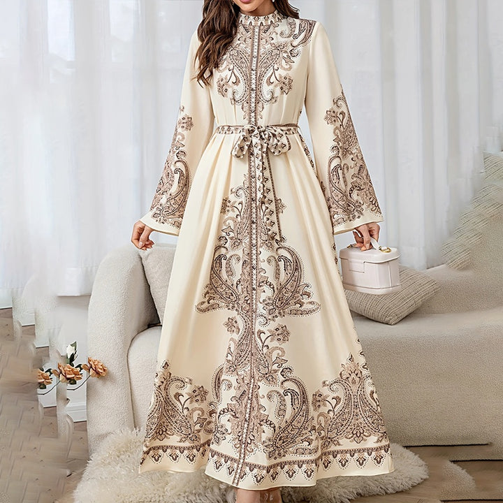 Women's Vintage High-Neck Floral Maxi Dress Loose Long Sleeve, Adjustable Waist Belt, Middle Eastern Inspired Holiday Dress Ankle-Length Gown - ZEYTONCART