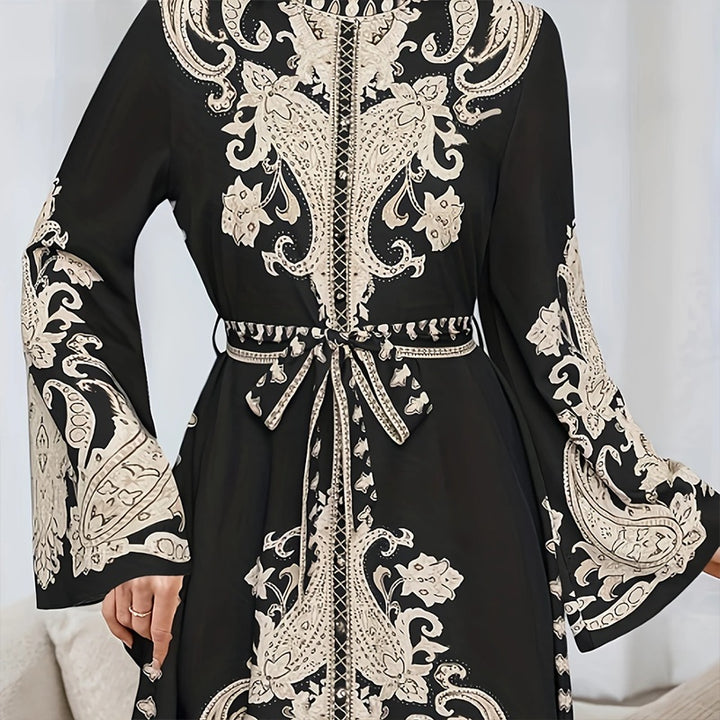 Women's Vintage High-Neck Floral Maxi Dress Loose Long Sleeve, Adjustable Waist Belt, Middle Eastern Inspired Holiday Dress Ankle-Length Gown - ZEYTONCART