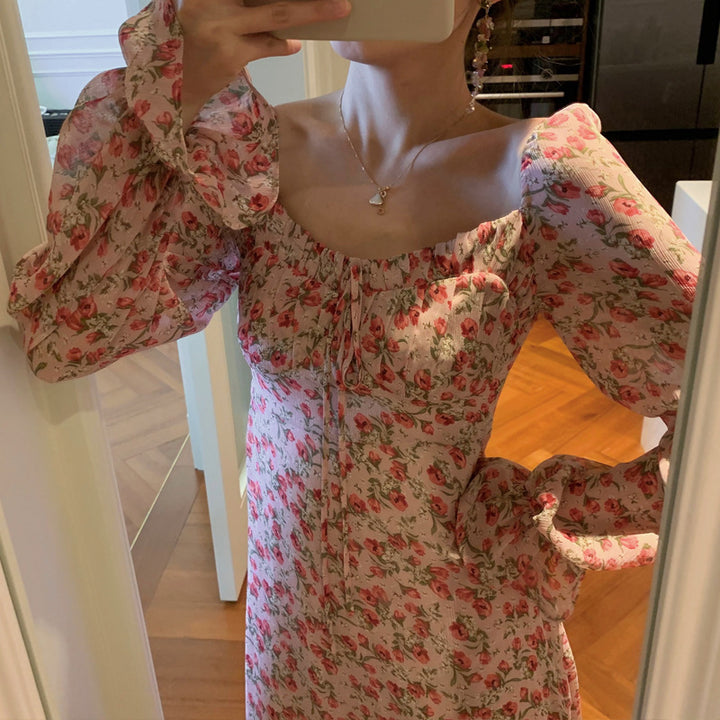 Vintage floral square collar long floral dress - ZEYTONCART
