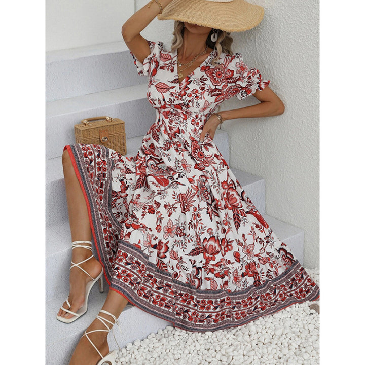 Women Floral Maxi Dress Short Puff Sleeve V Neck Bohemian Flowy Smocked Long Dress - ZEYTONCART