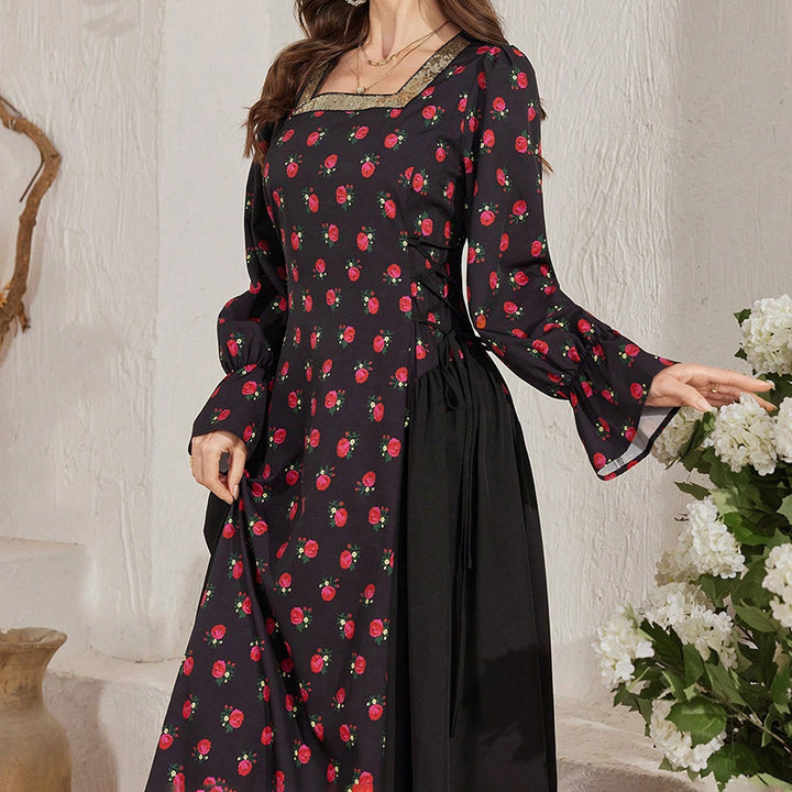 Women's Elegant Floral Print Square Neck Dress With Puff Sleeves & Cinched Waist, Summer Bohemian Dress - ZEYTONCART
