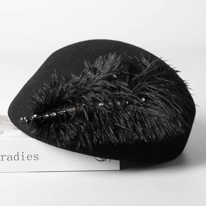 Autumn And Winter Retro Style Feather Decorative Wool Beret - ZEYTONCART
