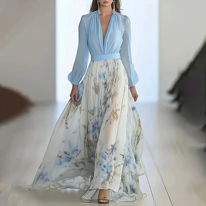 Women's Deep V-Neck Floral Print Boho Maxi Dress With Long Sleeves - A-Line Waist Ruffle Hem Dress For Spring&Summer Vacation - ZEYTONCART