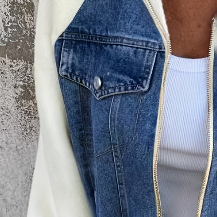 Women's Denim Patchwork Zip-Up Jacket Stand Collar Casual Coat With Button-Decorated Flap Pockets Fall Winter Fashion Outerwear - ZEYTONCART