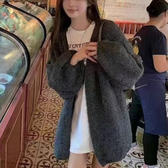 Autumn And Winter Loose Alpaca Fleecefiber Knitted Cardigan - ZEYTONCART