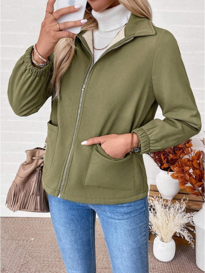 Casual Solid Color Zipper Fleece Jacket, Autumn Winter - ZEYTONCART