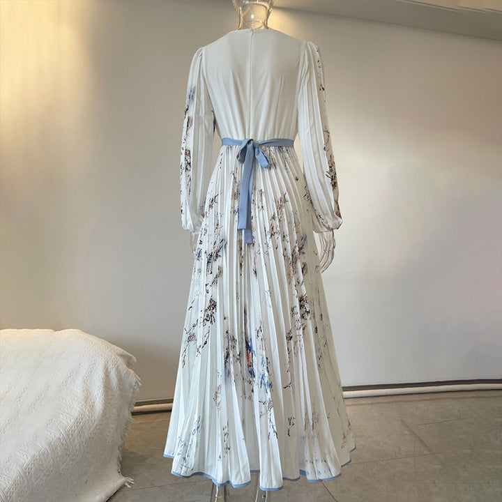 Women's Floral Print V-Neck Long Sleeve Maxi Dress A-Line Flowy Ruffled For Spring&Summer Vacation & Evening Party - ZEYTONCART