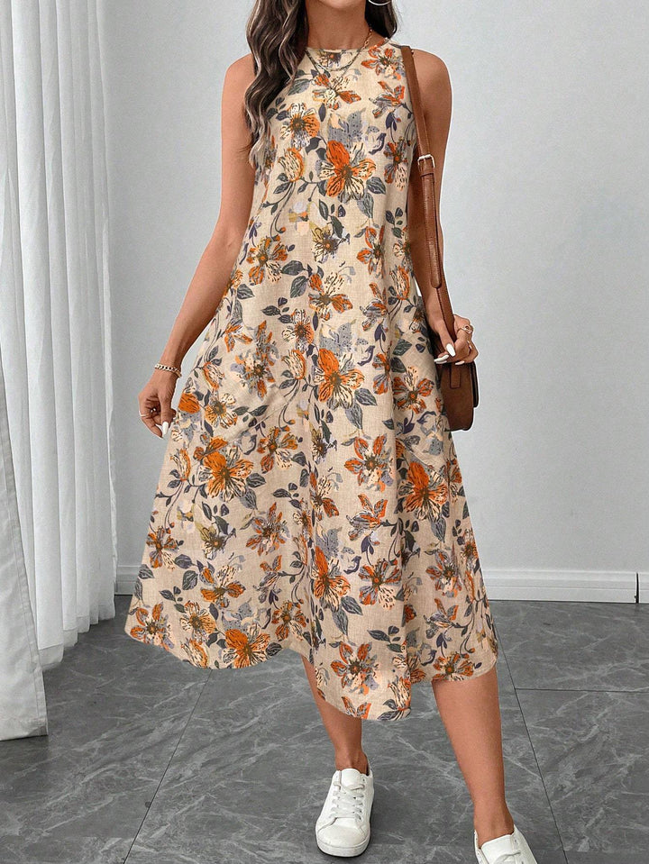 Round Neck Sleeveless Flared Hem Retro Floral Print Casual Elegant Midi Dress - ZEYTONCART