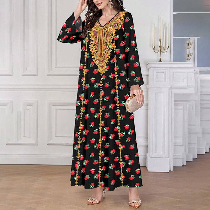 Women's Plus Size Ethnic Maxi Dress - Bohemian Embroidered Floral Print V-Neck Retro Long Dress - ZEYTONCART