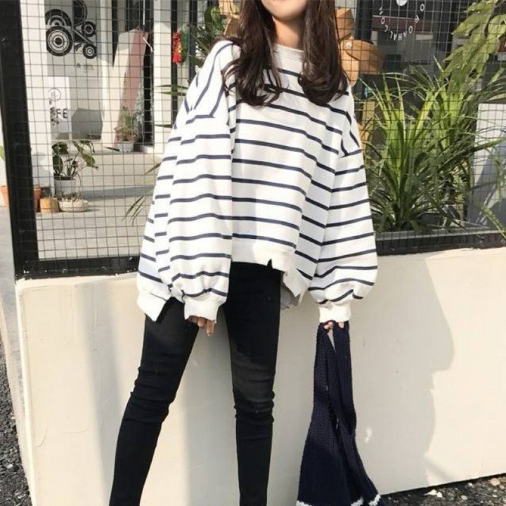 Women's Loose Autumn And Winter Thermal Bottoming Shirt Striped T-shirt - ZEYTONCART