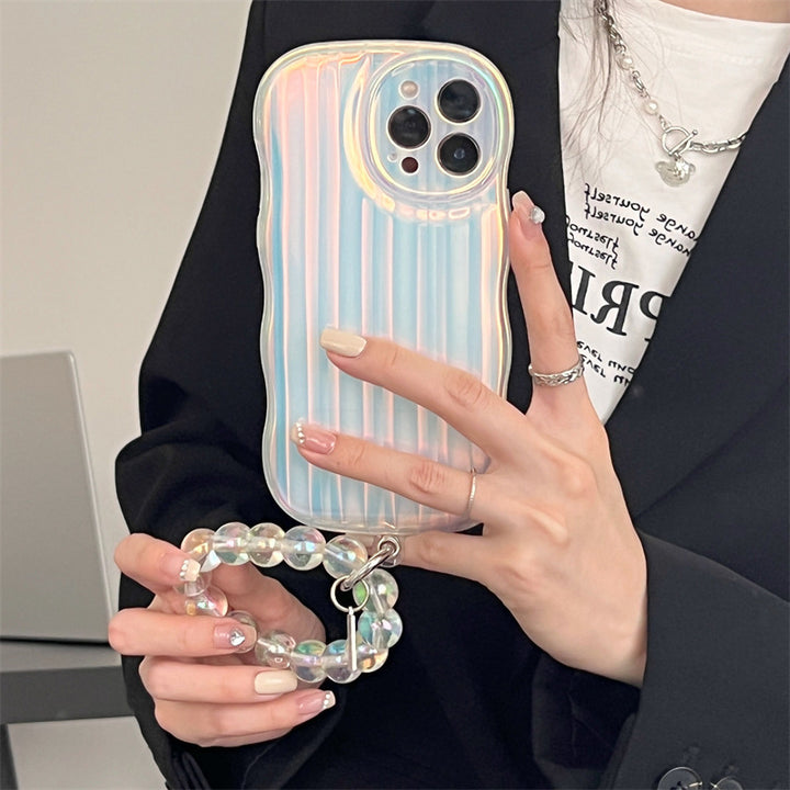 Laser Wave Silicone Phone Case Gradient Laser Stripes Bracelet Case For 14 13 12 11 Pro Max Plus Bead Chain - ZEYTONCART