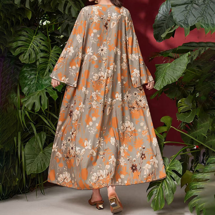 Women's Elegant Plus Size Floral Print Maxi Dress - Middle Eastern Bohemian Style Embroidery Long Dress - ZEYTONCART