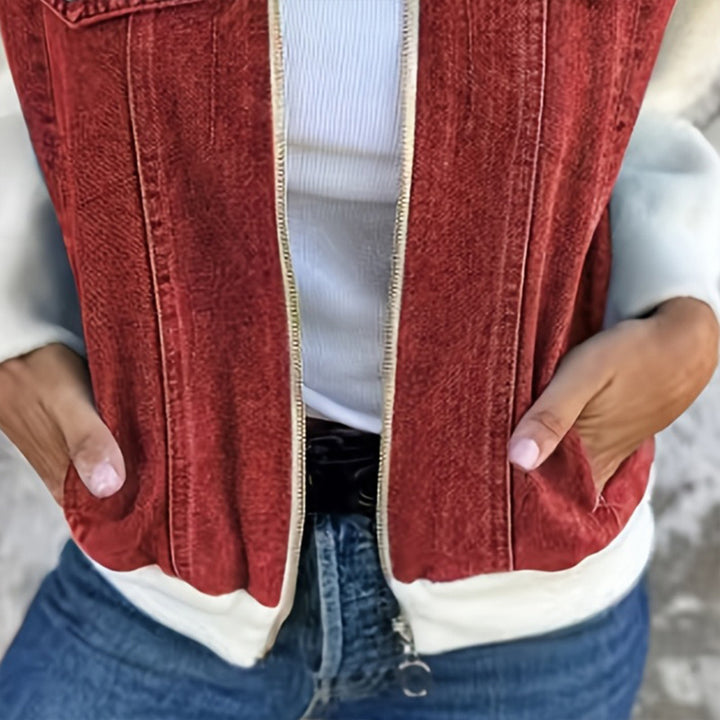 Women's Denim Patchwork Zip-Up Jacket Stand Collar Casual Coat With Button-Decorated Flap Pockets Fall Winter Fashion Outerwear - ZEYTONCART