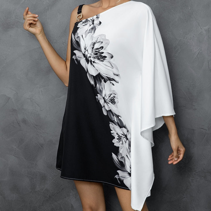 Women's New Floral Print Single Shoulder Off Shoulder Irregular Sleeves Loose Fitting Dress - ZEYTONCART
