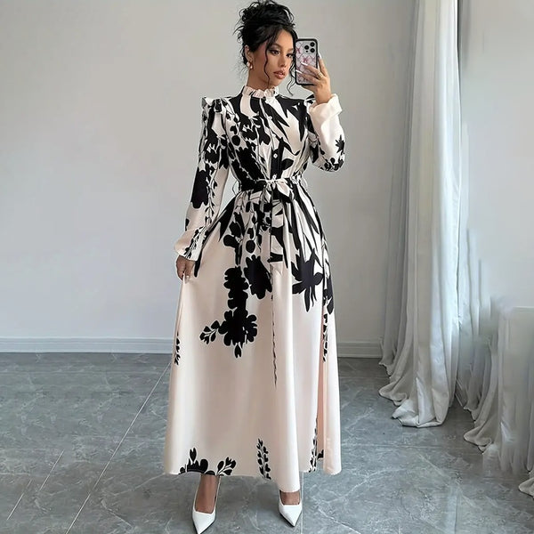 Women's Floral Print Long Sleeve Maxi Dress - Stand Collar A-Line Dress With Waist Detail, Lantern Sleeves & Ruffle Hem For Spring&Fall - ZEYTONCART