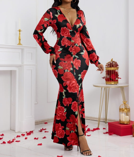 Ladies' V-neck Floral Print Fashionable Hip Hugging Dress - ZEYTONCART