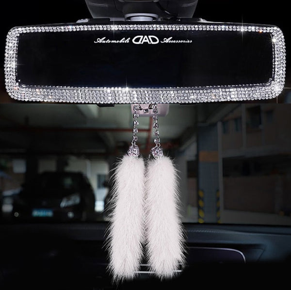 Car Interior Rearview Mirror Decor Charm Crystal Bling Diamond Ornament Rear View Mirror Cover Women Auto Accessories - ZEYTONCART