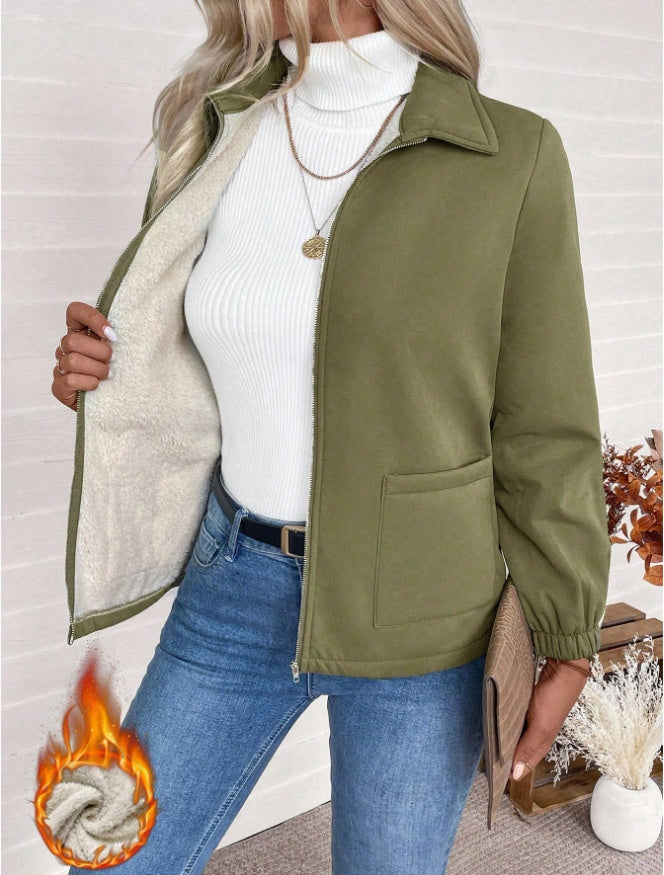 Casual Solid Color Zipper Fleece Jacket, Autumn Winter - ZEYTONCART