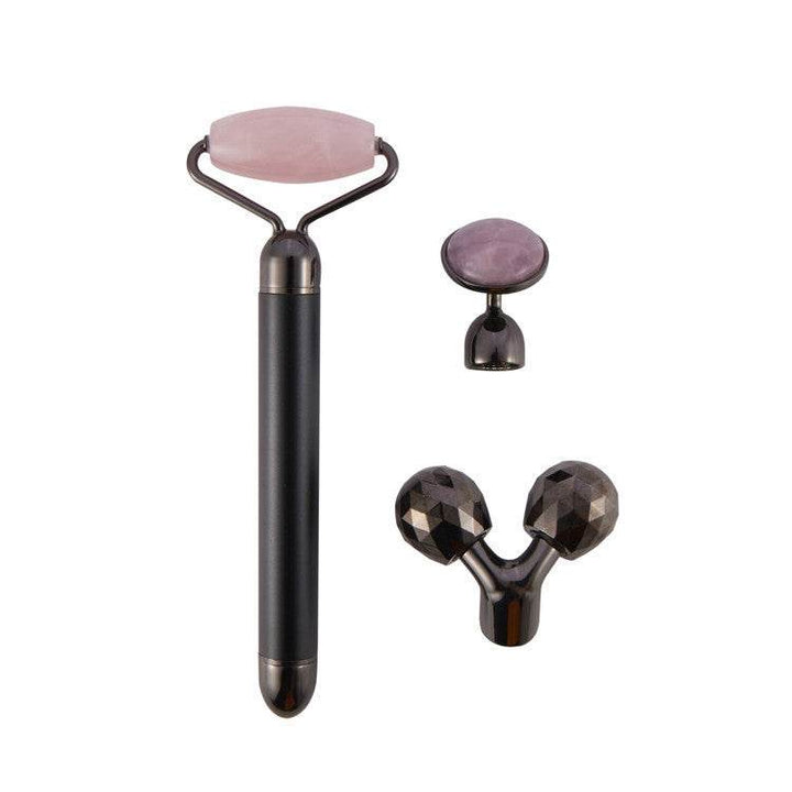 3 In 1 Vibrating Facial Jade Roller Set Rose Quartz Jade Roller Stone With 3 Replaceable Heads Face Slimming Lifting Massager - ZEYTONCART