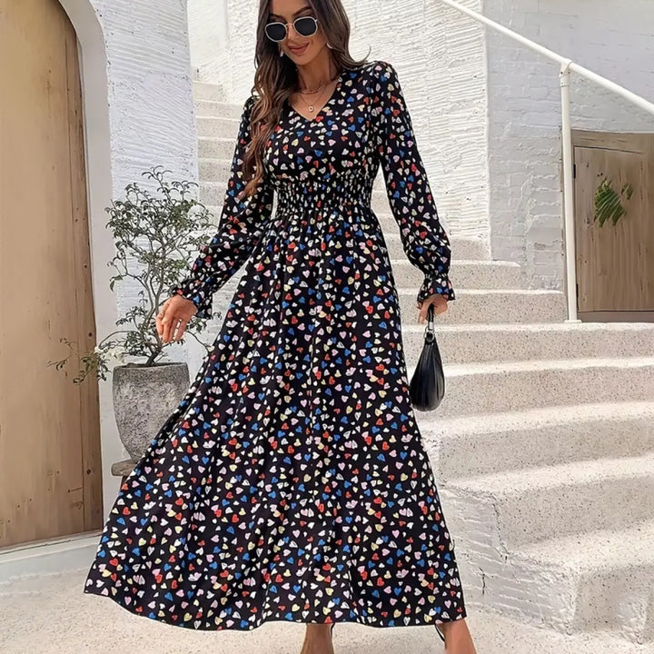 Women's V-Neck Floral Print Long Sleeve Maxi Dress - A-Line Hem With Lace Cuff Details, Elegant Bodycon Dress For Spring&Summer - ZEYTONCART