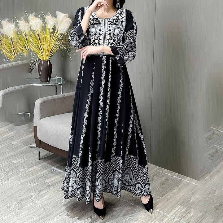 Women's Ethnic Style Floral Embroidered Dress, Elegant 3 4 Sleeve Swing Dress - ZEYTONCART