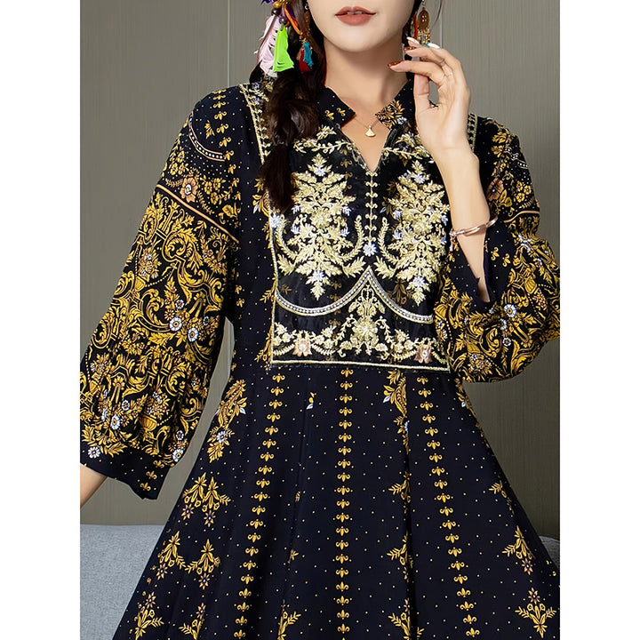 Women's Boho V Neck Maxi Dress Elegant 3 4 Sleeve Ethnic Floral Print Swing Dress - ZEYTONCART