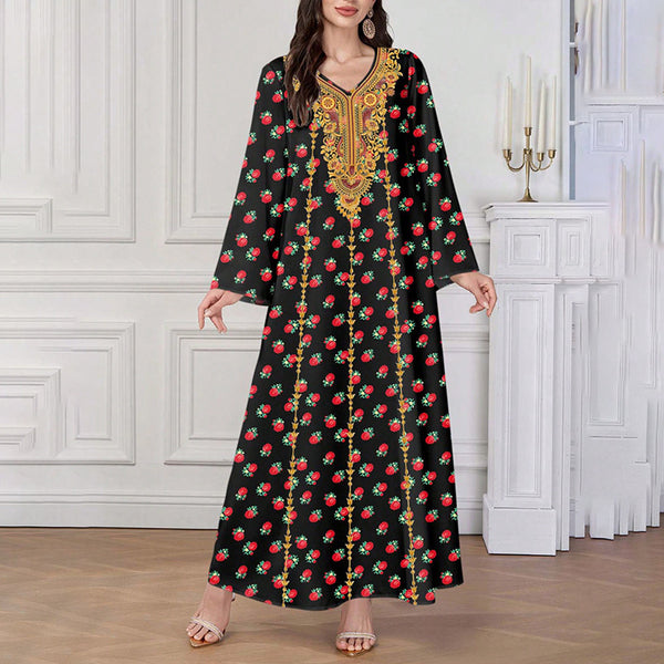 Women's Plus Size Ethnic Maxi Dress - Bohemian Embroidered Floral Print V-Neck Retro Long Dress - ZEYTONCART