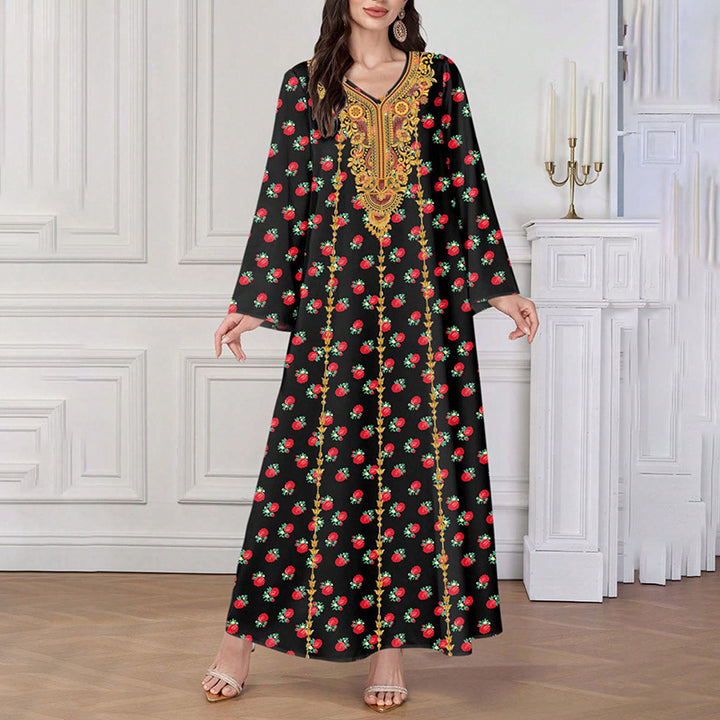 Women's Plus Size Ethnic Maxi Dress - Bohemian Embroidered Floral Print V-Neck Retro Long Dress - ZEYTONCART