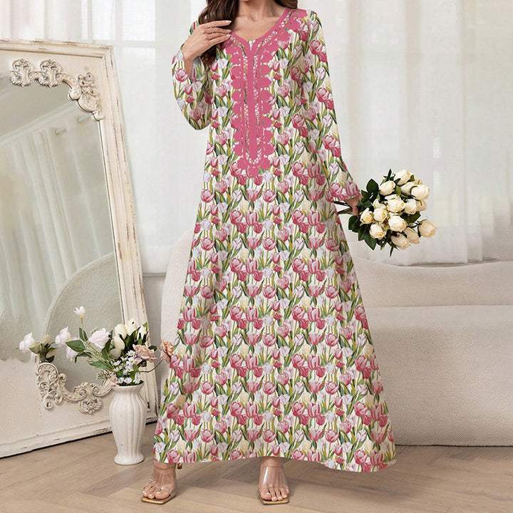 Women's Elegant Pink Floral Print Maxi Dress Vacation Style Long Sleeve A-line Flowy Dress - ZEYTONCART