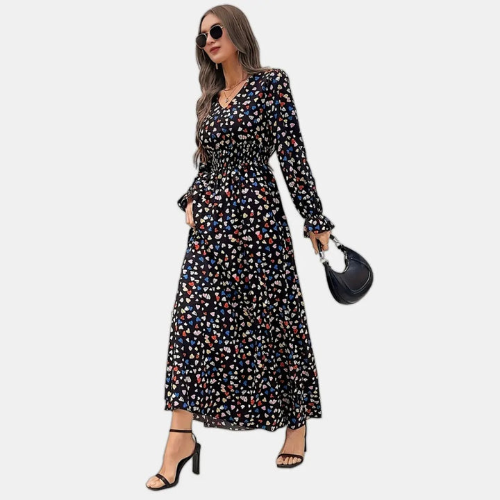 Women's V-Neck Floral Print Long Sleeve Maxi Dress - A-Line Hem With Lace Cuff Details, Elegant Bodycon Dress For Spring&Summer - ZEYTONCART