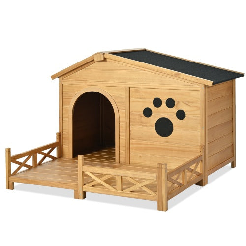 48 Wooden Dog House Outdoor With Porch, Dog Kennel With Water-Resistant Asphalt Roof And Fencing,Indoor & Outdoor Dog Crate With Paw Print, Medium, Nature - ZEYTONCART