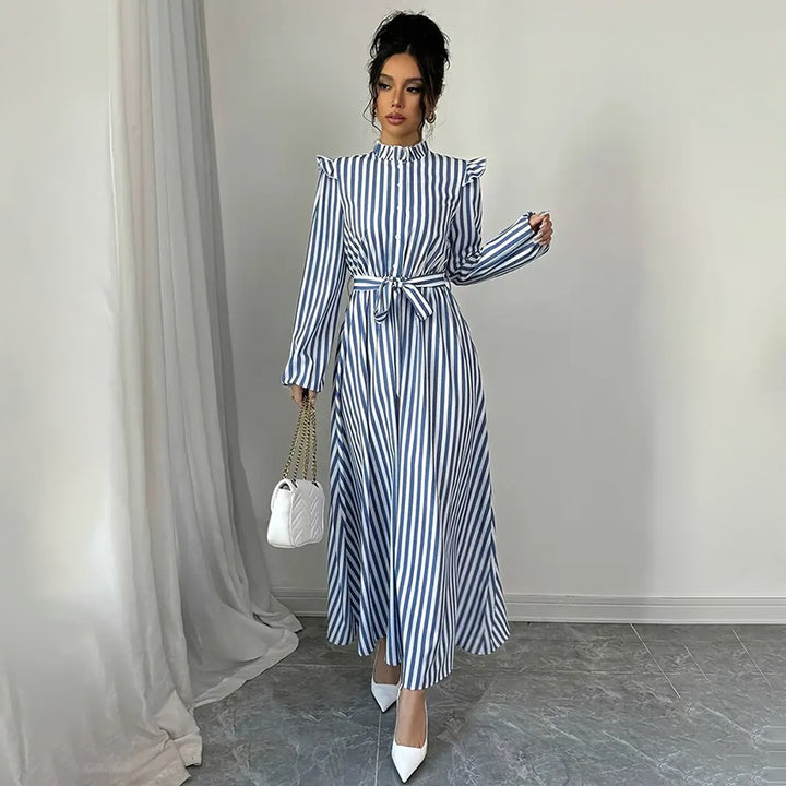 Women's Floral Print Long Sleeve Maxi Dress - Stand Collar A-Line Dress With Waist Detail, Lantern Sleeves & Ruffle Hem For Spring&Fall - ZEYTONCART