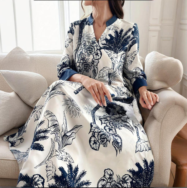 Women's Plus Size Elegant Floral Ink Painting Casual Tunic Dress Notched V Neck Long Sleeve Maxi Dress - ZEYTONCART