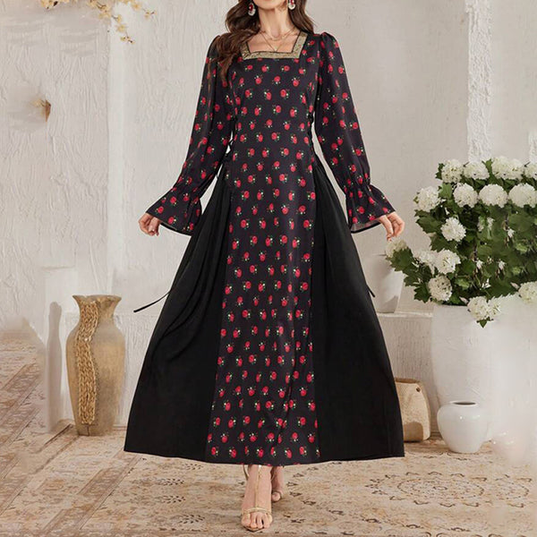 Women's Elegant Floral Print Square Neck Dress With Puff Sleeves & Cinched Waist, Summer Bohemian Dress - ZEYTONCART