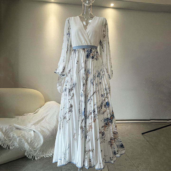 Women's Floral Print V-Neck Long Sleeve Maxi Dress A-Line Flowy Ruffled For Spring&Summer Vacation & Evening Party - ZEYTONCART