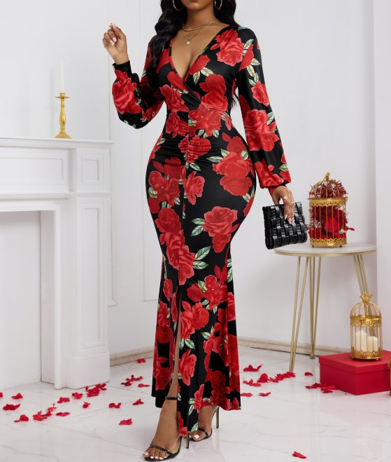 Ladies' V-neck Floral Print Fashionable Hip Hugging Dress - ZEYTONCART