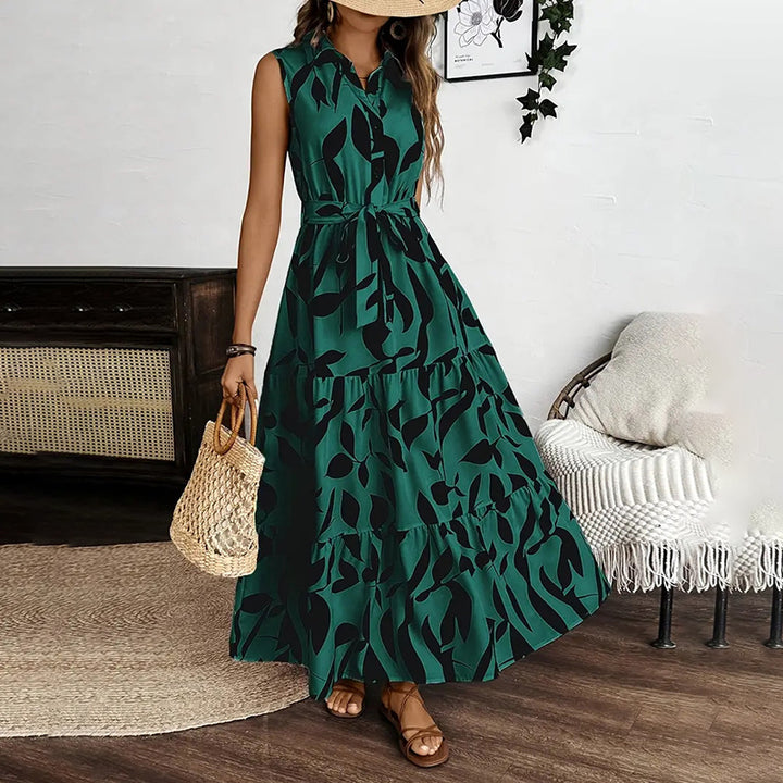 Women Sleeveless Boho Floral Maxi Dress Summer Button Shirt V Neck Flowy Belted Beach Vacation Dresses - ZEYTONCART