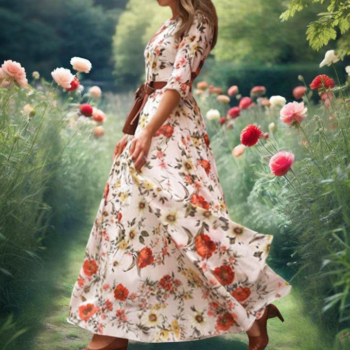 Women's Elegant Floral Print Boho Dress - Round Neck Half Sleeves Flowy Maxi Dress - ZEYTONCART
