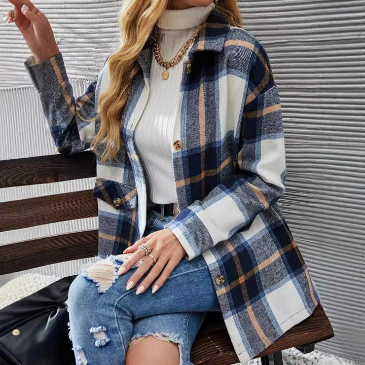 Autumn Winter Women's Wear Drop-shoulder Long-sleeve Lapel Loose Plaid Casual Shirt Coat - ZEYTONCART