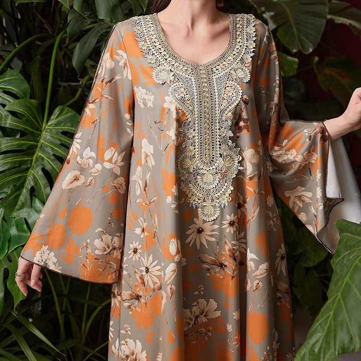 Women's Elegant Plus Size Floral Print Maxi Dress - Middle Eastern Bohemian Style Embroidery Long Dress - ZEYTONCART