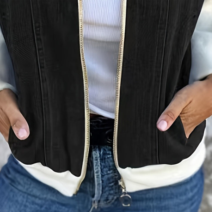 Women's Denim Patchwork Zip-Up Jacket Stand Collar Casual Coat With Button-Decorated Flap Pockets Fall Winter Fashion Outerwear - ZEYTONCART