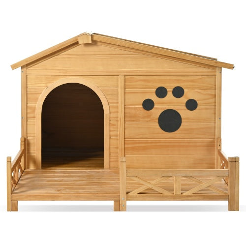 48 Wooden Dog House Outdoor With Porch, Dog Kennel With Water-Resistant Asphalt Roof And Fencing,Indoor & Outdoor Dog Crate With Paw Print, Medium, Nature - ZEYTONCART