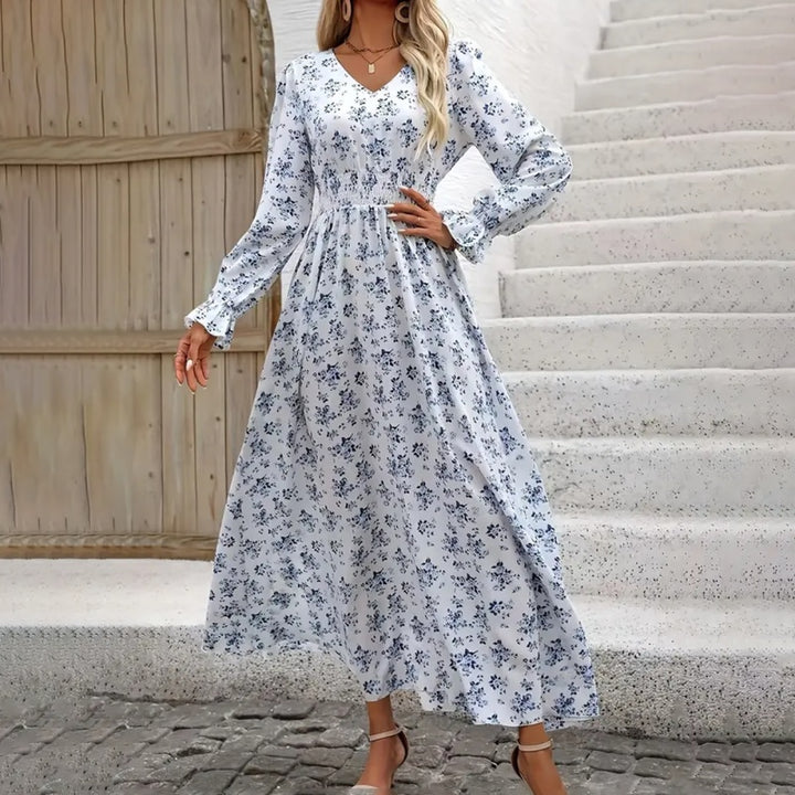 Women's V-Neck Floral Print Long Sleeve Maxi Dress - A-Line Hem With Lace Cuff Details, Elegant Bodycon Dress For Spring&Summer - ZEYTONCART